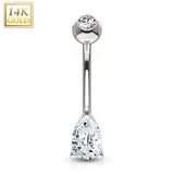 14K Solid Gold Tear Drop Prong CZ Belly Button Navel Ring