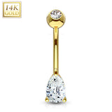 14K Solid Gold Tear Drop Prong CZ Belly Button Navel Ring