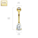 14K Solid Gold Tear Drop Prong CZ Belly Button Navel Ring