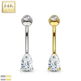 14K Solid Gold Tear Drop Prong CZ Belly Button Navel Ring