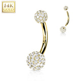 14K Solid Gold CZ Paved Balls Belly Button Navel Ring