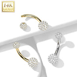 14K Solid Gold CZ Paved Balls Belly Button Navel Ring