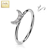 14K Gold CZ Paved Crescent Moon Nose Hoop Ring Ear Cartilage Tragus