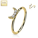 14K Gold CZ Paved Crescent Moon Nose Hoop Ring Ear Cartilage Tragus