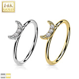 14K Gold CZ Paved Crescent Moon Nose Hoop Ring Ear Cartilage Tragus