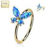 14K Gold Opal or CZ Butterfly Nose Hoop Ring Ear Cartilage Tragus