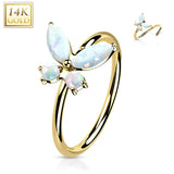 14K Gold Opal or CZ Butterfly Nose Hoop Ring Ear Cartilage Tragus