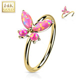 14K Gold Opal or CZ Butterfly Nose Hoop Ring Ear Cartilage Tragus