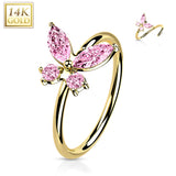 14K Gold Opal or CZ Butterfly Nose Hoop Ring Ear Cartilage Tragus