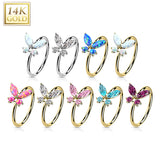 14K Gold Opal or CZ Butterfly Nose Hoop Ring Ear Cartilage Tragus