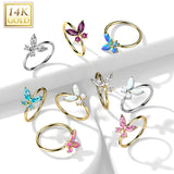 14K Gold Opal or CZ Butterfly Nose Hoop Ring Ear Cartilage Tragus