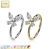 14K Gold Opal or CZ Butterfly Nose Hoop Ring Ear Cartilage Tragus