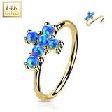 14K Gold Opal or CZ Cross Nose Hoop Ring Ear Cartilage Tragus