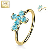 14K Gold Opal or CZ Cross Nose Hoop Ring Ear Cartilage Tragus