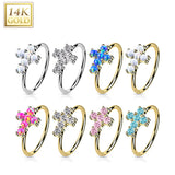 14K Gold Opal or CZ Cross Nose Hoop Ring Ear Cartilage Tragus