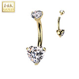 14K Solid Gold Heart Prong Set CZ Belly Button Navel Ring