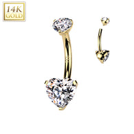 14K Solid Gold Heart Prong Set CZ Belly Button Navel Ring