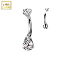 14K Solid Gold Teardrop Prong Set CZ Belly Button Navel Ring