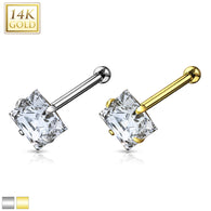 14K Solid Gold Prong Set Square CZ Nose Stud Ring