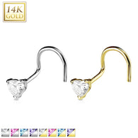 14K Solid Gold Prong Set 3mm Heart CZ Top Nose Screw Ring