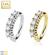 14K Solid Gold Five CZ Hoop Nose Rings for Nose Ear Cartilage