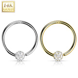 14K Solid Gold Fixed CZ Pave Ball Captive Hoop Ring Ear Cartilage