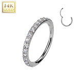 14K Solid Gold Pave CZ Hinged Hoop Segment Ring 20G Nose Septum Cartilage