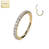 14K Solid Gold Pave CZ Hinged Hoop Segment Ring 20G Nose Septum Cartilage