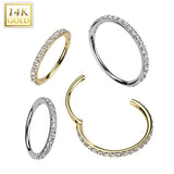 14K Solid Gold Pave CZ Hinged Hoop Segment Ring 20G Nose Septum Cartilage