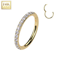 14K Gold Out Facing Pave CZ Hinged Hoop Segment Ring Nose Septum Cartilage