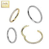 14K Gold Out Facing Pave CZ Hinged Hoop Segment Ring Nose Septum Cartilage