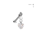 Heart CZ & Bead Dangle Threadless Push In Labret Tragus Snug Ear Cartilage