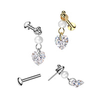 Heart CZ & Bead Dangle Threadless Push In Labret Tragus Snug Ear Cartilage