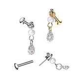 TearDrop CZ & Bead Dangle Threadless Push In Labret Tragus Snug Ear Cartilage