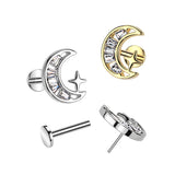 Threadless Push In CZ Crescent Moon Top Labret Tragus Snug Ear Cartilage Helix