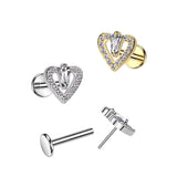 Pave Heart CZ Threadless Push In Labret Tragus Snug Ear Cartilage Helix