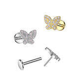 CZ Butterfly Top Threadless Push In Labret Tragus Snug Ear Cartilage Helix