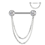 Pair Titanium Threadless Push in Nipple Barbell With CZ Chain Dangle