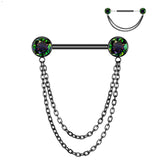 Pair Titanium Threadless Push in Nipple Barbell With CZ Double Chain Dangle