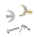 Titanium Threadless Push CZ Crescent Moon Labret Star Base Ear Cartilage