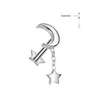 Titanium Threadless Push Crescent Moon Dangle Labret Star Base Ear Cartilage