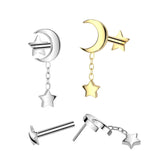 Titanium Threadless Push Crescent Moon Dangle Labret Star Base Ear Cartilage