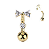 Titanium Threadless Push In Bowtie & CZ Dangle Belly Button Ring