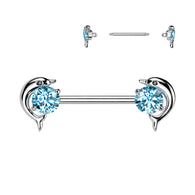 Pair Dolphin CZ Ends Surgical Steel Nipple Barbell