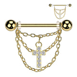 Pair Triple Chain and CZ Pave Cross Dangle Nipple Shield Rings