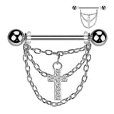 Pair Triple Chain and CZ Pave Cross Dangle Nipple Shield Rings