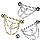 Pair Triple Chain and CZ Pave Cross Dangle Nipple Shield Rings