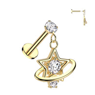 Prong Set CZ & CZ Star Saturn Ring Dangle  Labret Ear Cartilage Tragus