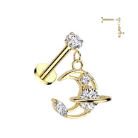 Prong Set CZ & Crescent Moon Dangle Labret Ear Cartilage Tragus