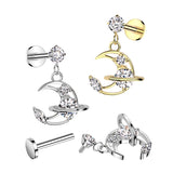 Prong Set CZ & Crescent Moon Dangle Labret Ear Cartilage Tragus